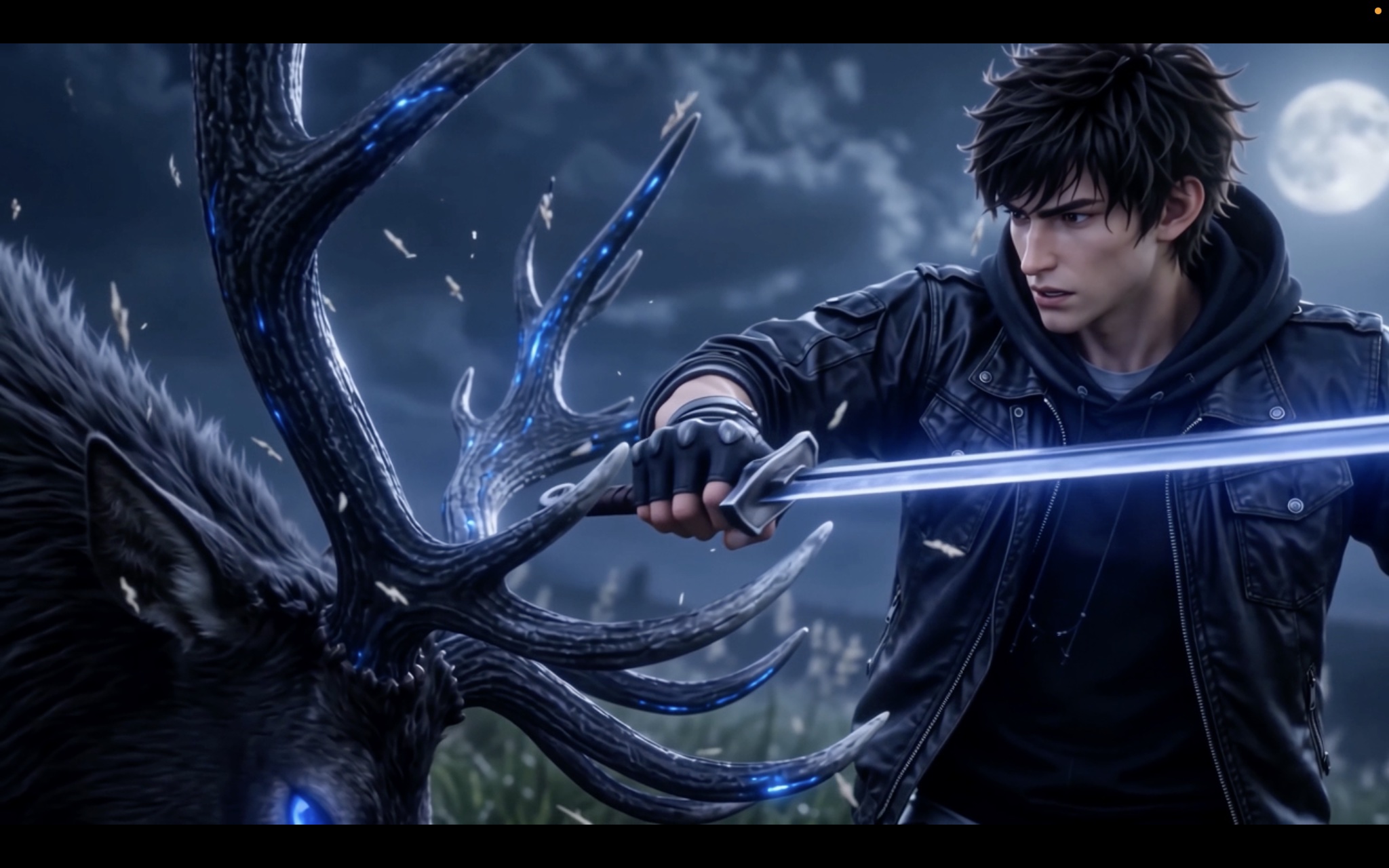 Kayel faces an antlered creature with a glowing blade