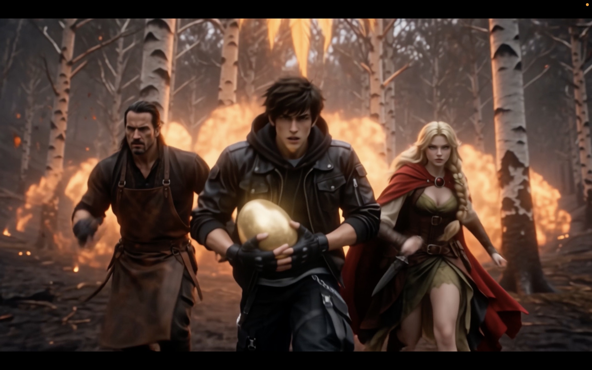 Three characters run through a burning forest