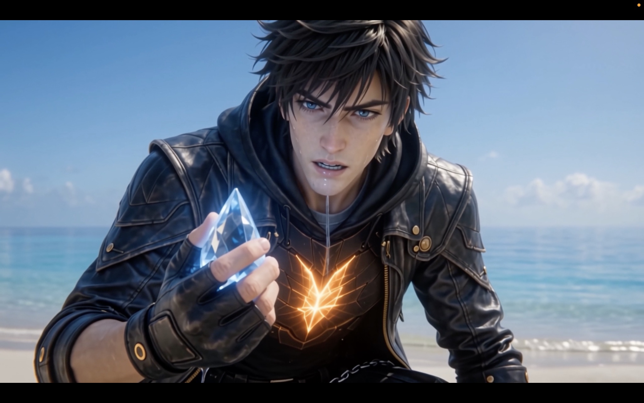 Kayel holds a blue crystal beside the sea