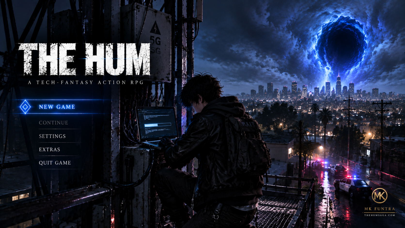 Official THE HUM game artwork: Kayel at a communications tower beneath a blue portal over Los Angeles